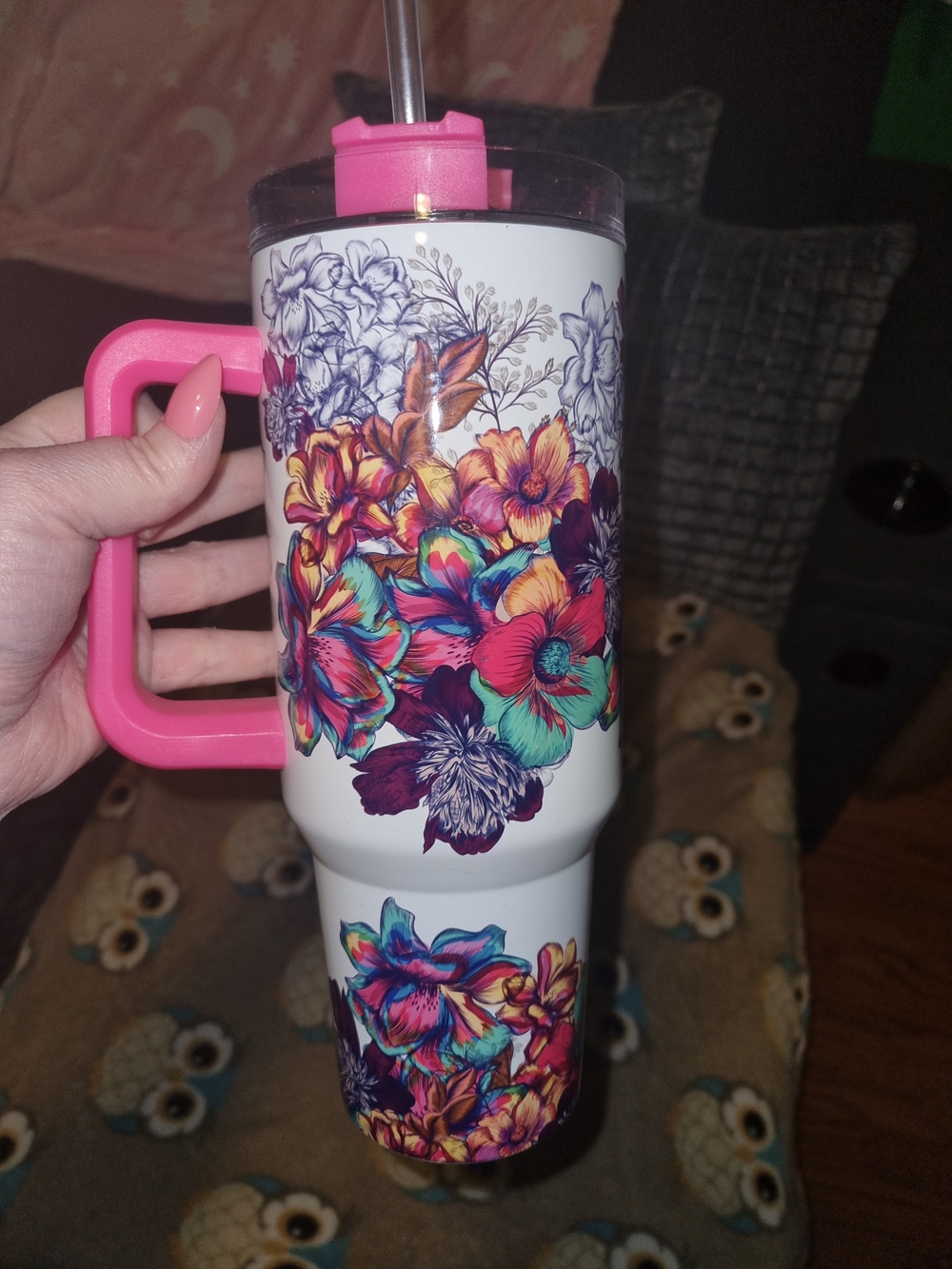 Floral Insulated Travel Tumbler with Pink Handle